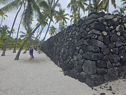 The next stop was Pu'uhonua o Honaunau (translated means place of refuge), is the only site where Hawaiians who had broken sacred laws could seek refuge.  It is one of three places in Hawaii where there flag can fly alone.  My favorite part was The Great Wall standing 12 feet tall, 19 feet wide, and 965 feet long and it was built 400 years with no mortor.  We listened to many things about their history from the free audio tour on our phones