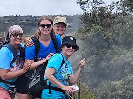 Pele is a goddess of volcanos, fire, and creator of the Hawaiian islands in Hawaiian Religon.  Pele is thought to make her home right here at Halemaumau Crater, Kilauea Volcano.  The steam rising next to us is rain water that has fallen into the volcanic cracks and rises back into the air.  This steam is referred to as Pele's breath and is thought to be good fortune to breathe in.  However taking a piece of the volcanic rock home is thought to bring the wrath of Pele upon you.