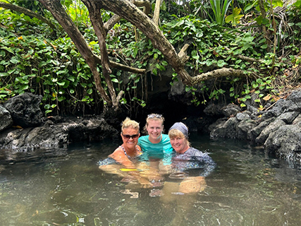 Our next stop was Pohoiki Bay and Hot springs (one of the last remaining hot springs since the 2018 volcanic erruption).  Since the 2018 erruption 5 new warm springs were created here at Isaac Hale State Park. There is no signage so when we found three springs (all one blog mentioned) we didn't try to find the other two. The black basaltic beach continues to accumulate since the erruption (aka the beach gets larger), and the springs have gradually gone from warm to what we thought was a little hot and very nice.