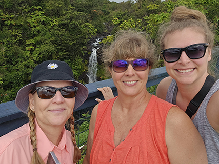 Super early drop off the next day for Laura at Hilo airport.  The rest of us continued our circle of the island. Day started with a short hike on Onomea Bay Trail.  Then off to explore some waterfalls.  First stop Akaka Falls one of only two state parks in Hawaii that charges, with $15 parking and $5 per person to walk down 500 feet to a viewing platform we decided to pass, afterall you can see the top of the falls just driving into the parking lot.  Next waterfall Kama'e'e Falls at Botanical World no charge, or a small charge with botanical gardens.  They were much more reasonable than their neighbors and super friendly.